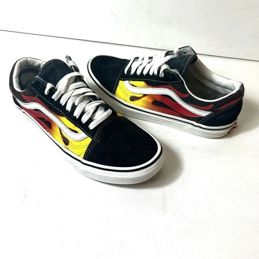 Vans Old Skool Flames Mens 7 Black Suede Canvas sneaker Shoes Lace Up Womens 8.5